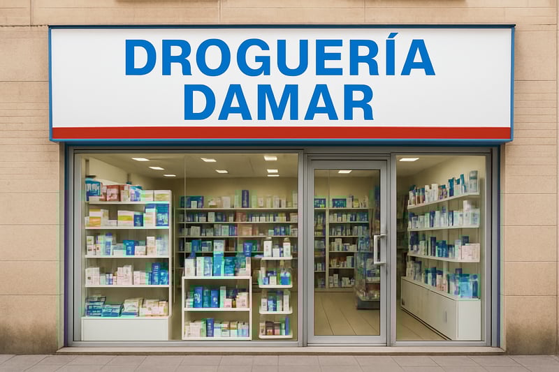 Fachada de DROGUERÍA DAMAR con productos de salud y belleza en exhibición