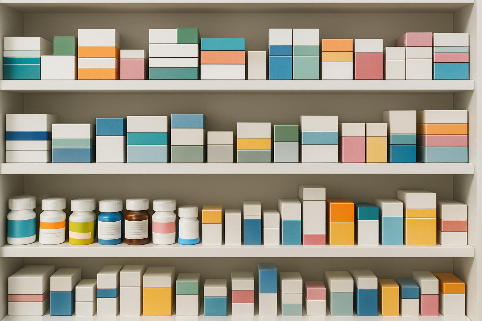 Medicamentos de diferentes tipos en estanterías