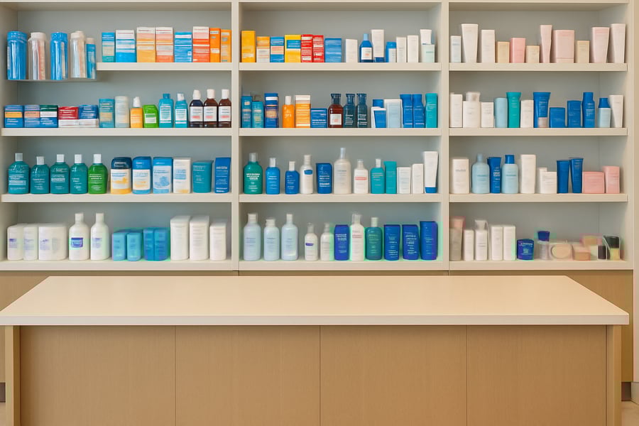 Mostrador de droguería con productos de salud y belleza